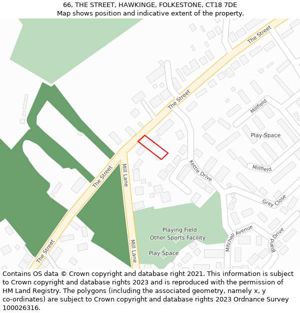 66, THE STREET, HAWKINGE, FOLKESTONE, CT18 7DE: Location map and indicative extent of plot