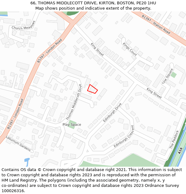 66, THOMAS MIDDLECOTT DRIVE, KIRTON, BOSTON, PE20 1HU: Location map and indicative extent of plot