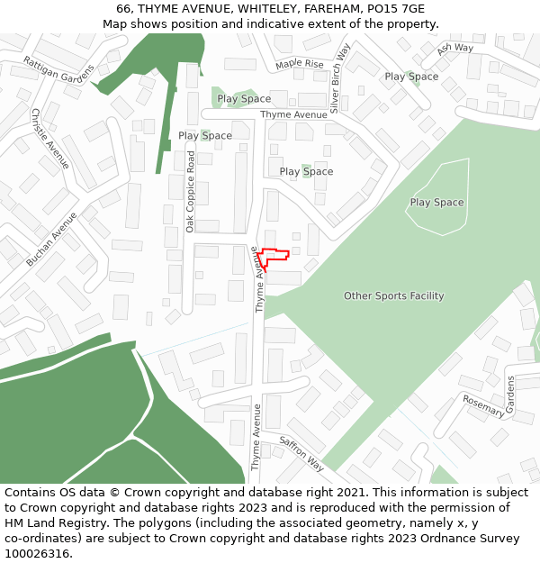 66, THYME AVENUE, WHITELEY, FAREHAM, PO15 7GE: Location map and indicative extent of plot