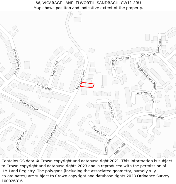 66, VICARAGE LANE, ELWORTH, SANDBACH, CW11 3BU: Location map and indicative extent of plot