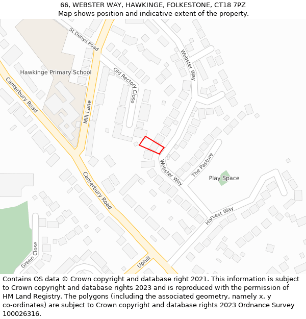 66, WEBSTER WAY, HAWKINGE, FOLKESTONE, CT18 7PZ: Location map and indicative extent of plot