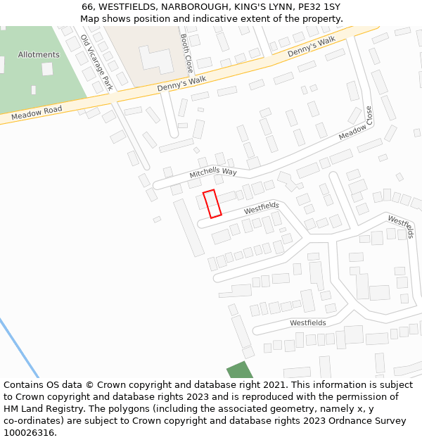 66, WESTFIELDS, NARBOROUGH, KING'S LYNN, PE32 1SY: Location map and indicative extent of plot