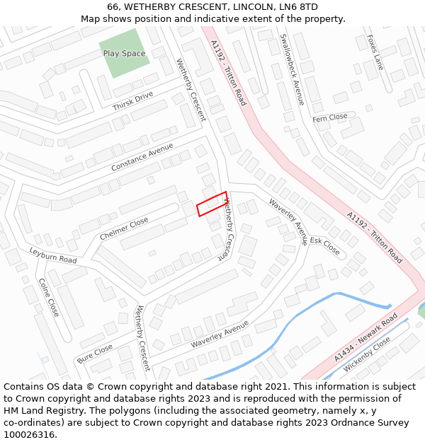 66, WETHERBY CRESCENT, LINCOLN, LN6 8TD: Location map and indicative extent of plot