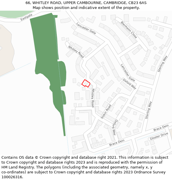 66, WHITLEY ROAD, UPPER CAMBOURNE, CAMBRIDGE, CB23 6AS: Location map and indicative extent of plot