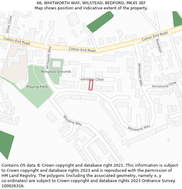 66, WHITWORTH WAY, WILSTEAD, BEDFORD, MK45 3EF: Location map and indicative extent of plot