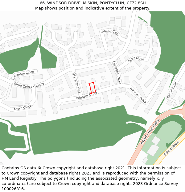 66, WINDSOR DRIVE, MISKIN, PONTYCLUN, CF72 8SH: Location map and indicative extent of plot