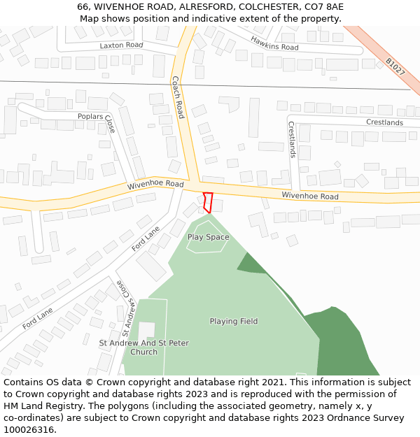 66, WIVENHOE ROAD, ALRESFORD, COLCHESTER, CO7 8AE: Location map and indicative extent of plot