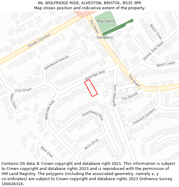 66, WOLFRIDGE RIDE, ALVESTON, BRISTOL, BS35 3PR: Location map and indicative extent of plot
