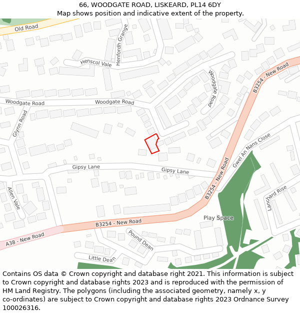 66, WOODGATE ROAD, LISKEARD, PL14 6DY: Location map and indicative extent of plot