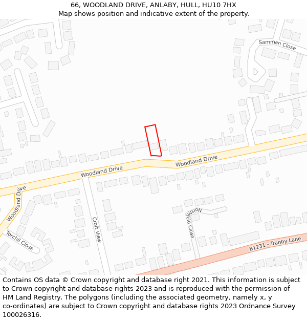 66, WOODLAND DRIVE, ANLABY, HULL, HU10 7HX: Location map and indicative extent of plot