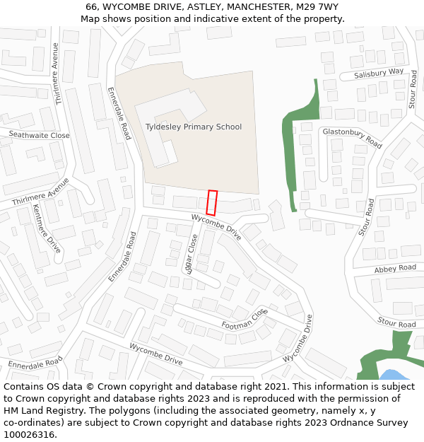 66, WYCOMBE DRIVE, ASTLEY, MANCHESTER, M29 7WY: Location map and indicative extent of plot