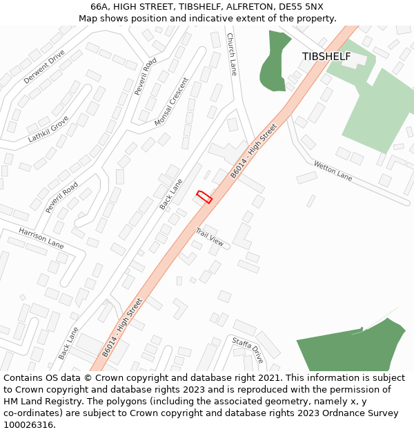 66A, HIGH STREET, TIBSHELF, ALFRETON, DE55 5NX: Location map and indicative extent of plot