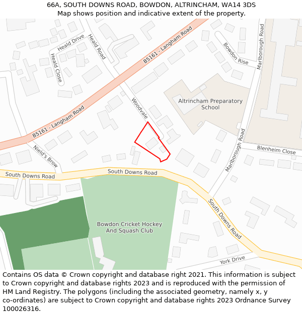 66A, SOUTH DOWNS ROAD, BOWDON, ALTRINCHAM, WA14 3DS: Location map and indicative extent of plot