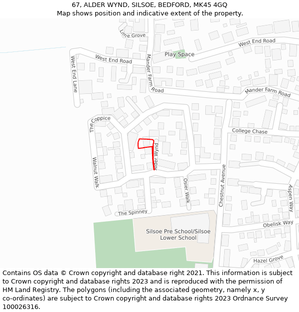 67, ALDER WYND, SILSOE, BEDFORD, MK45 4GQ: Location map and indicative extent of plot