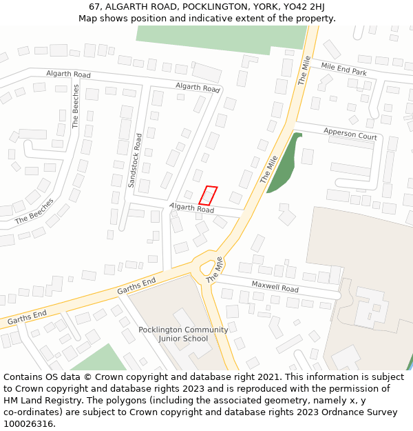 67, ALGARTH ROAD, POCKLINGTON, YORK, YO42 2HJ: Location map and indicative extent of plot