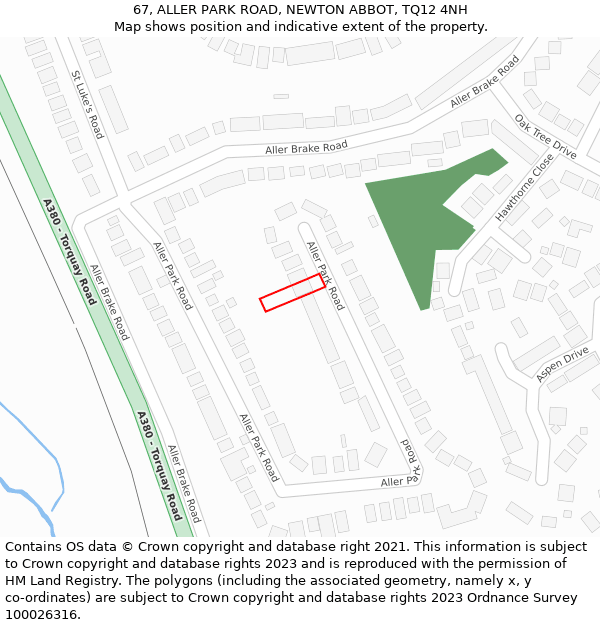 67, ALLER PARK ROAD, NEWTON ABBOT, TQ12 4NH: Location map and indicative extent of plot