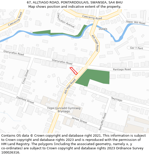 67, ALLTIAGO ROAD, PONTARDDULAIS, SWANSEA, SA4 8HU: Location map and indicative extent of plot