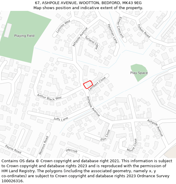 67, ASHPOLE AVENUE, WOOTTON, BEDFORD, MK43 9EG: Location map and indicative extent of plot