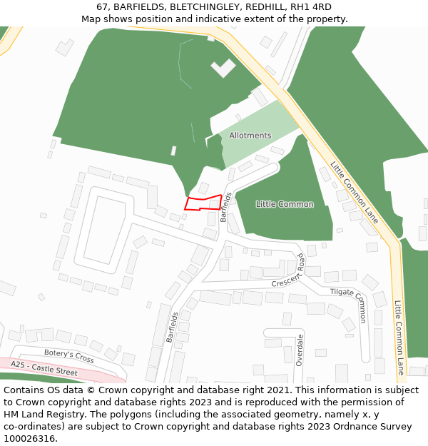 67, BARFIELDS, BLETCHINGLEY, REDHILL, RH1 4RD: Location map and indicative extent of plot