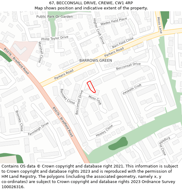 67, BECCONSALL DRIVE, CREWE, CW1 4RP: Location map and indicative extent of plot