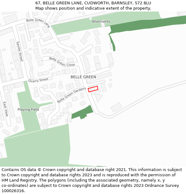 67, BELLE GREEN LANE, CUDWORTH, BARNSLEY, S72 8LU: Location map and indicative extent of plot