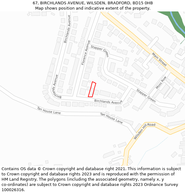 67, BIRCHLANDS AVENUE, WILSDEN, BRADFORD, BD15 0HB: Location map and indicative extent of plot