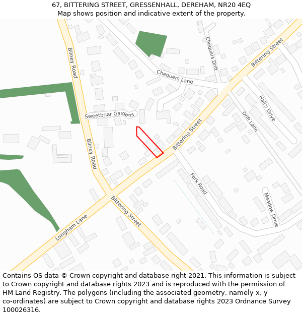 67, BITTERING STREET, GRESSENHALL, DEREHAM, NR20 4EQ: Location map and indicative extent of plot