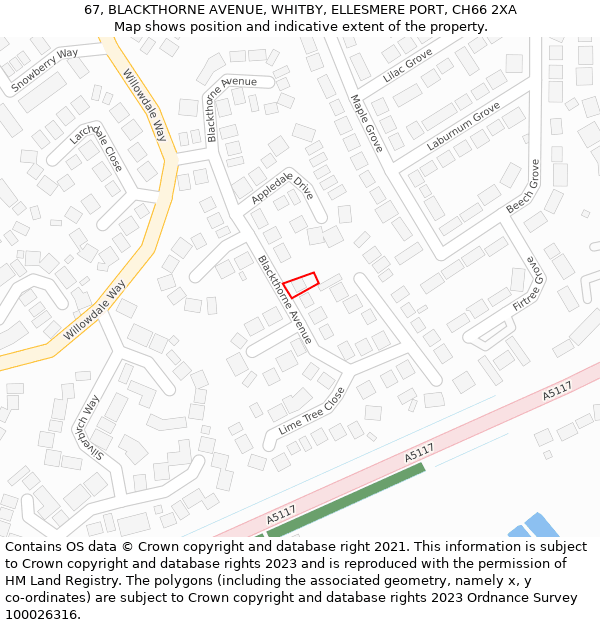 67, BLACKTHORNE AVENUE, WHITBY, ELLESMERE PORT, CH66 2XA: Location map and indicative extent of plot