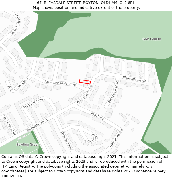 67, BLEASDALE STREET, ROYTON, OLDHAM, OL2 6RL: Location map and indicative extent of plot