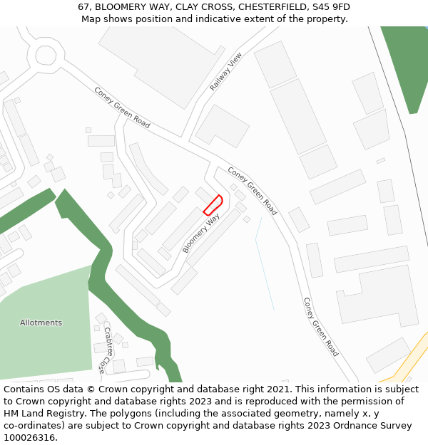 67, BLOOMERY WAY, CLAY CROSS, CHESTERFIELD, S45 9FD: Location map and indicative extent of plot