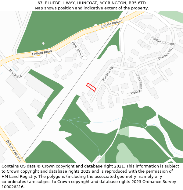 67, BLUEBELL WAY, HUNCOAT, ACCRINGTON, BB5 6TD: Location map and indicative extent of plot