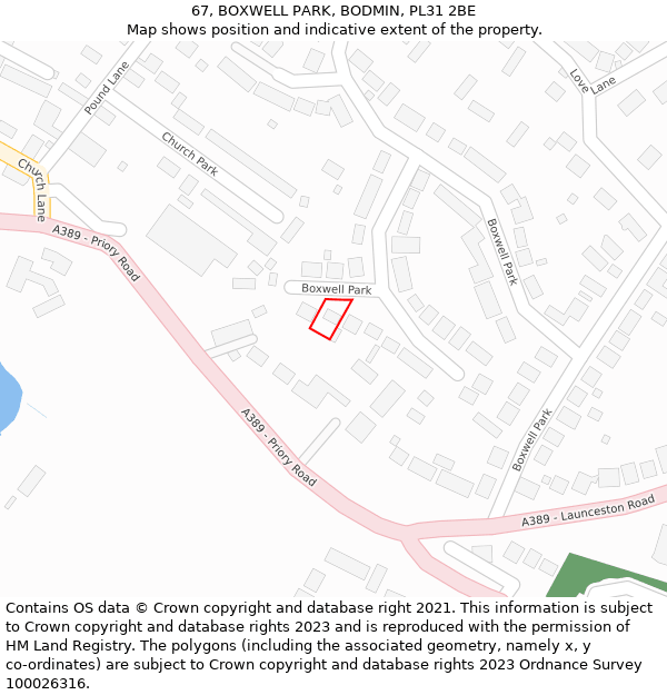 67, BOXWELL PARK, BODMIN, PL31 2BE: Location map and indicative extent of plot