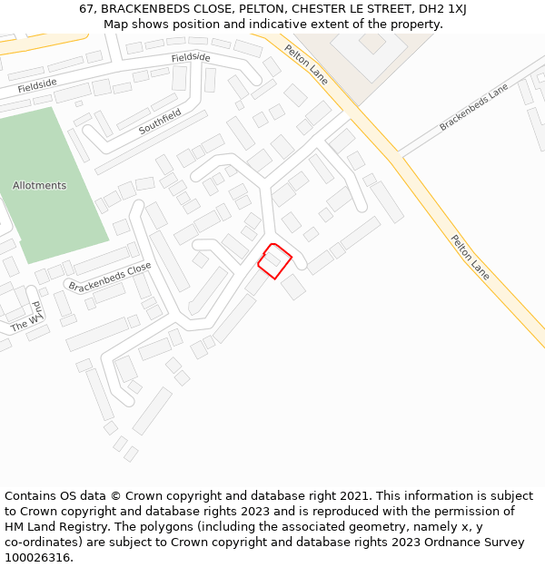 67, BRACKENBEDS CLOSE, PELTON, CHESTER LE STREET, DH2 1XJ: Location map and indicative extent of plot