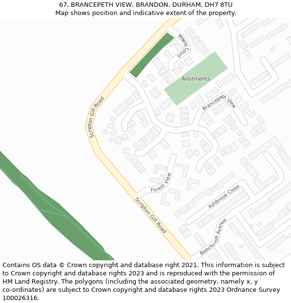 67, BRANCEPETH VIEW, BRANDON, DURHAM, DH7 8TU: Location map and indicative extent of plot