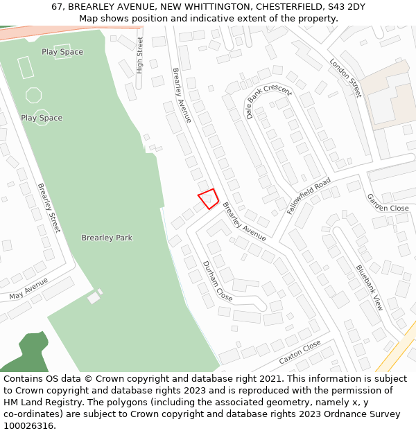 67, BREARLEY AVENUE, NEW WHITTINGTON, CHESTERFIELD, S43 2DY: Location map and indicative extent of plot