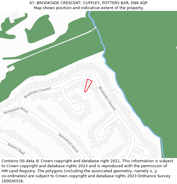 67, BROOKSIDE CRESCENT, CUFFLEY, POTTERS BAR, EN6 4QP: Location map and indicative extent of plot