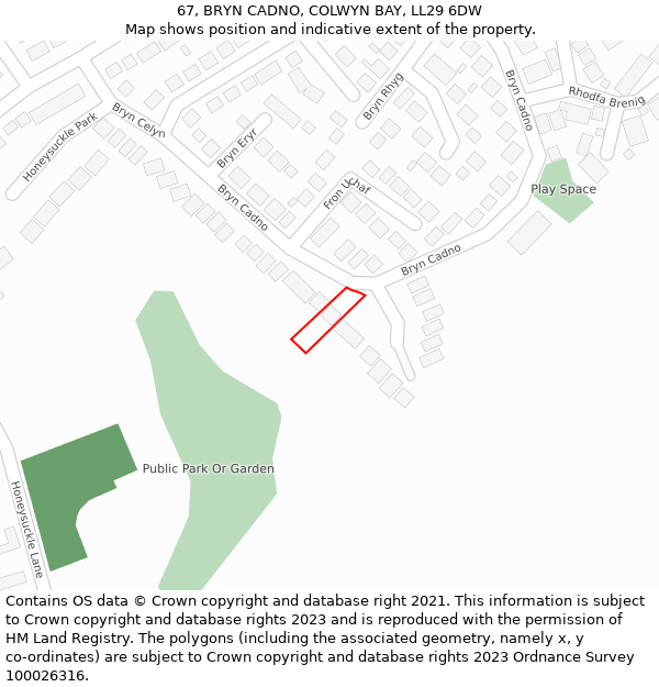 67, BRYN CADNO, COLWYN BAY, LL29 6DW: Location map and indicative extent of plot