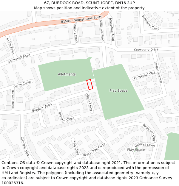 67, BURDOCK ROAD, SCUNTHORPE, DN16 3UP: Location map and indicative extent of plot