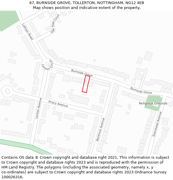 67, BURNSIDE GROVE, TOLLERTON, NOTTINGHAM, NG12 4EB: Location map and indicative extent of plot