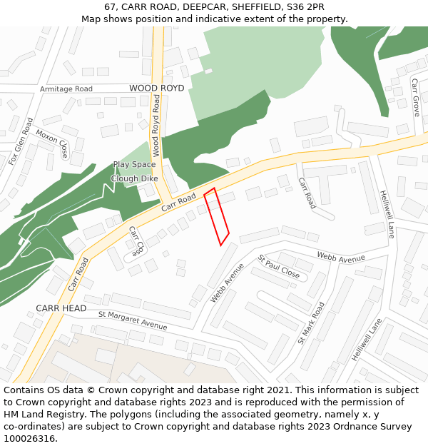 67, CARR ROAD, DEEPCAR, SHEFFIELD, S36 2PR: Location map and indicative extent of plot