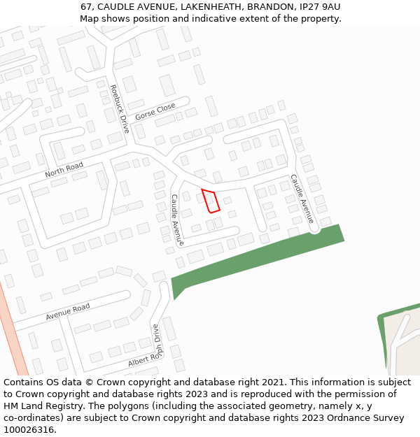 67, CAUDLE AVENUE, LAKENHEATH, BRANDON, IP27 9AU: Location map and indicative extent of plot