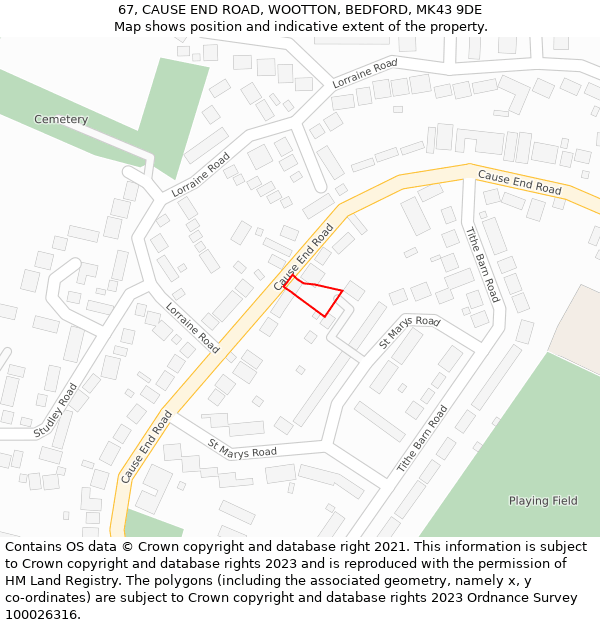 67, CAUSE END ROAD, WOOTTON, BEDFORD, MK43 9DE: Location map and indicative extent of plot