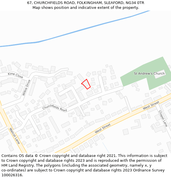 67, CHURCHFIELDS ROAD, FOLKINGHAM, SLEAFORD, NG34 0TR: Location map and indicative extent of plot