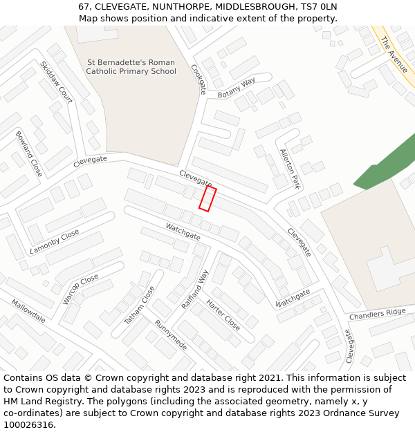 67, CLEVEGATE, NUNTHORPE, MIDDLESBROUGH, TS7 0LN: Location map and indicative extent of plot