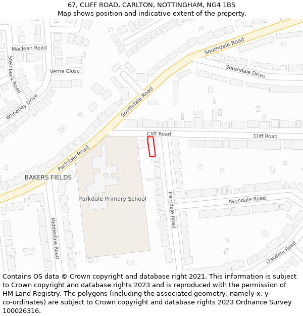 67, CLIFF ROAD, CARLTON, NOTTINGHAM, NG4 1BS: Location map and indicative extent of plot