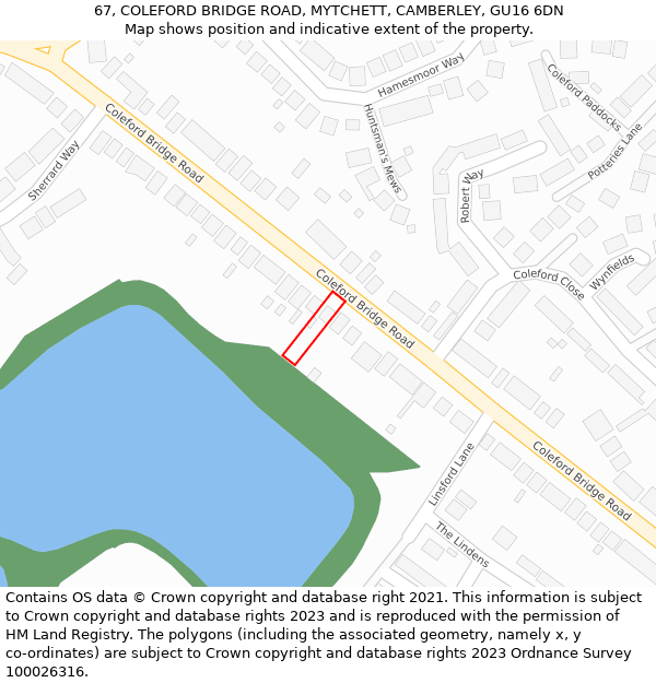 67, COLEFORD BRIDGE ROAD, MYTCHETT, CAMBERLEY, GU16 6DN: Location map and indicative extent of plot