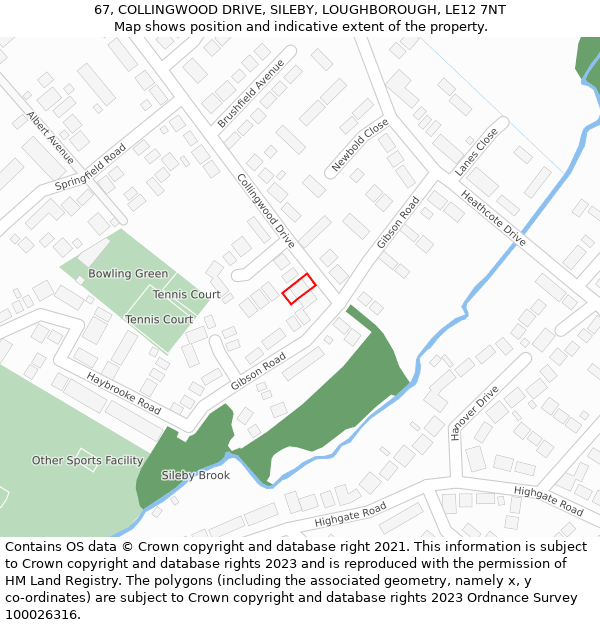 67, COLLINGWOOD DRIVE, SILEBY, LOUGHBOROUGH, LE12 7NT: Location map and indicative extent of plot