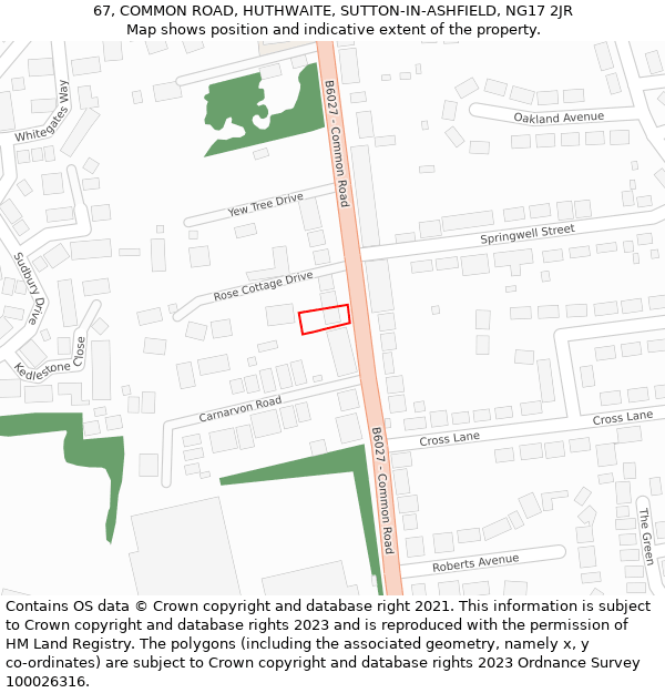 67, COMMON ROAD, HUTHWAITE, SUTTON-IN-ASHFIELD, NG17 2JR: Location map and indicative extent of plot