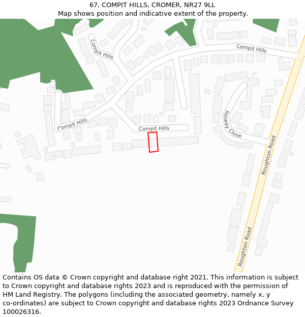 67, COMPIT HILLS, CROMER, NR27 9LL: Location map and indicative extent of plot