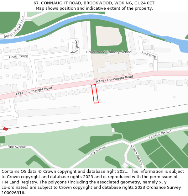 67, CONNAUGHT ROAD, BROOKWOOD, WOKING, GU24 0ET: Location map and indicative extent of plot